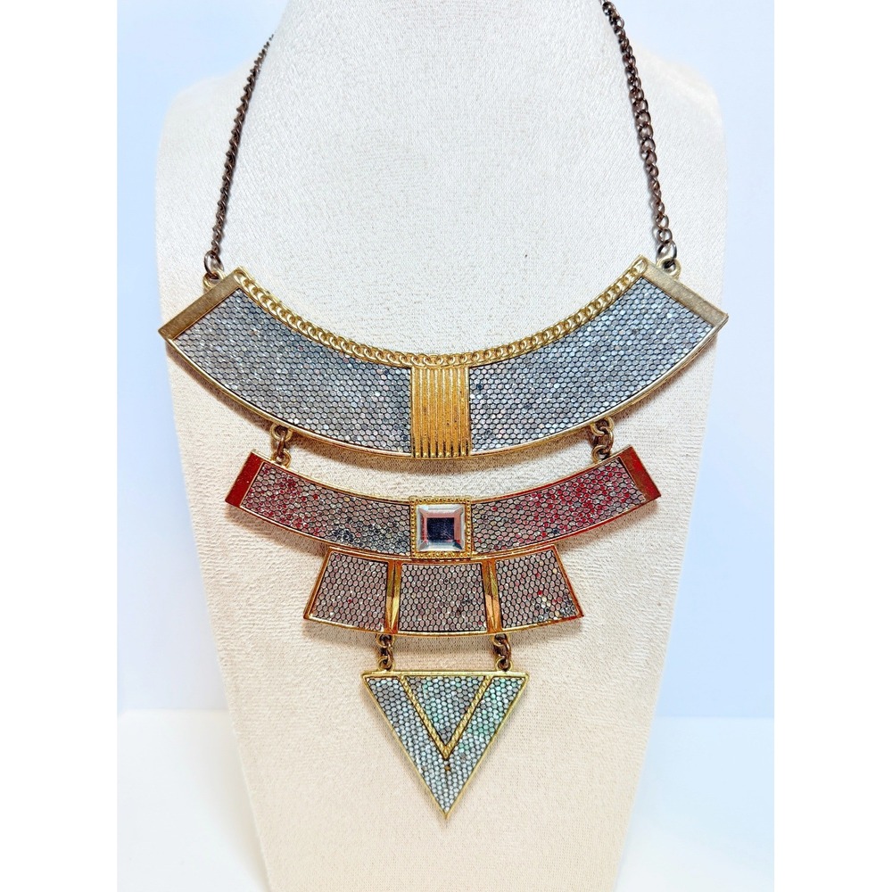 Geometric Glitter Statement Bib Necklace Darkened Gold Tone Multicolor